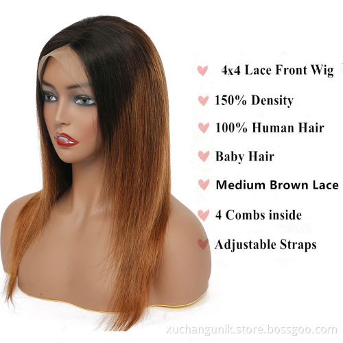 Uniky Brazilian Quantity Silky Straight Style Color 1B 27 ombre Wigs, Lace Front Straight Wigs